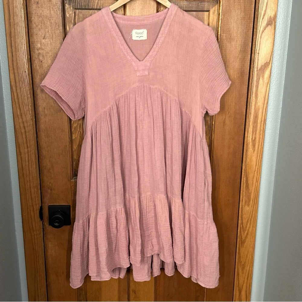 9 Seed Resort Womens Pink Cotton Tiered V-Neck Mini Dress sz small flowing 💕